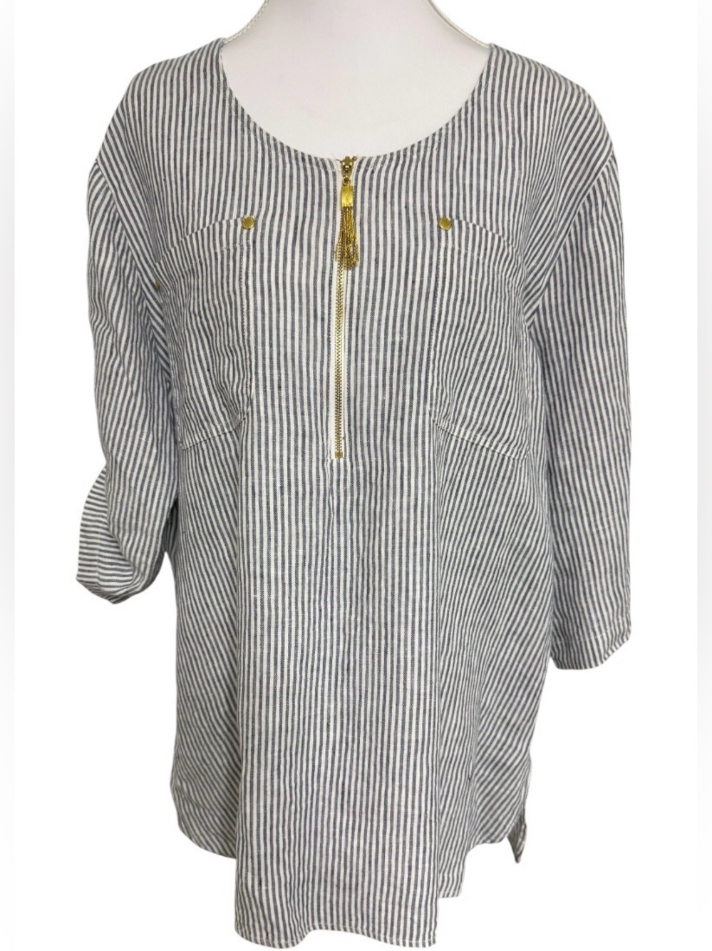 ELLEN TRACY XL 100% LINEN BLUE AND WHITE STRIPED TUNIC GOLD ZIP COASTAL Y2K TOP - Picture 4 of 12